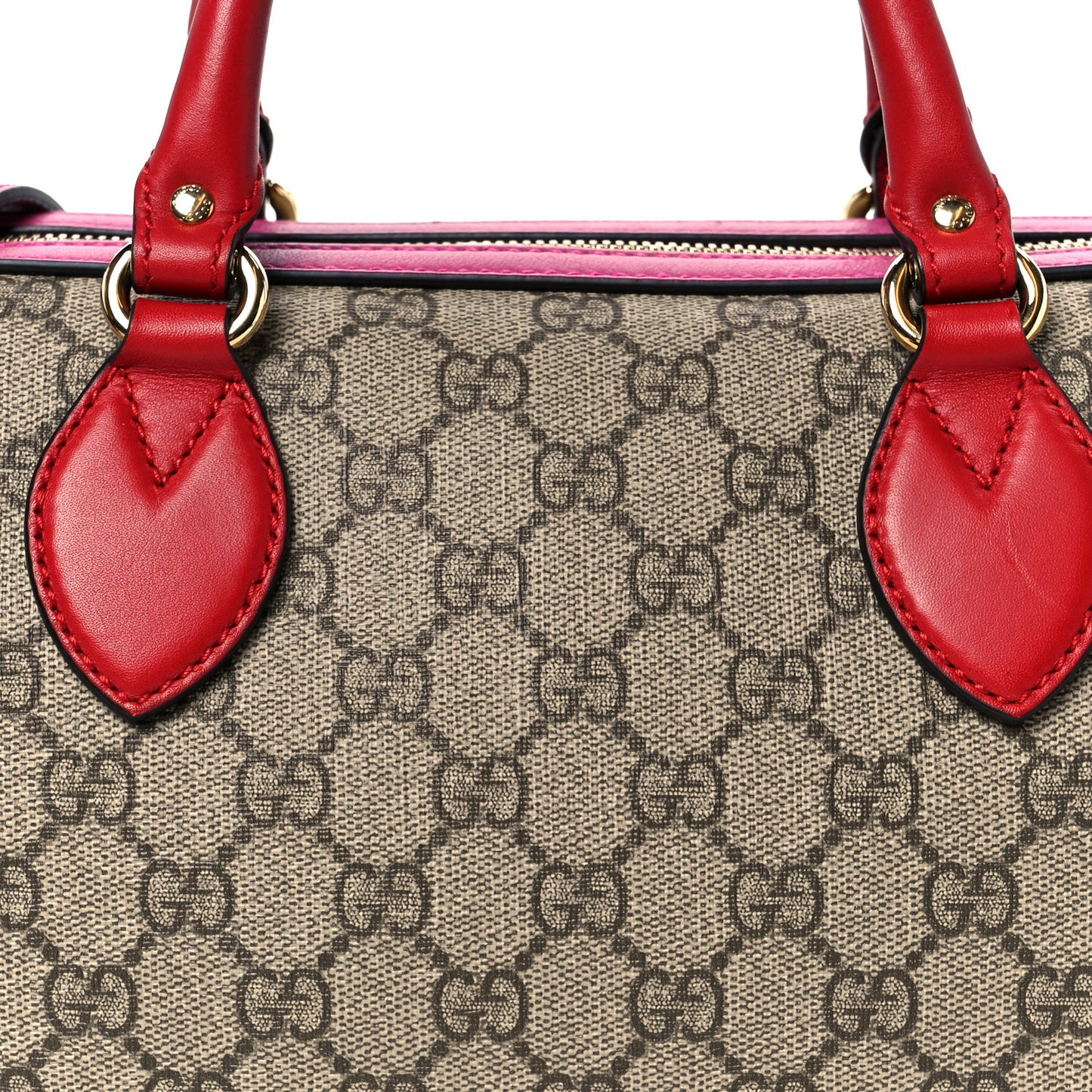 GG Supreme Monogram Moon Calfskin Small Boston Beige Ebony Hibiscus Red New Rosette