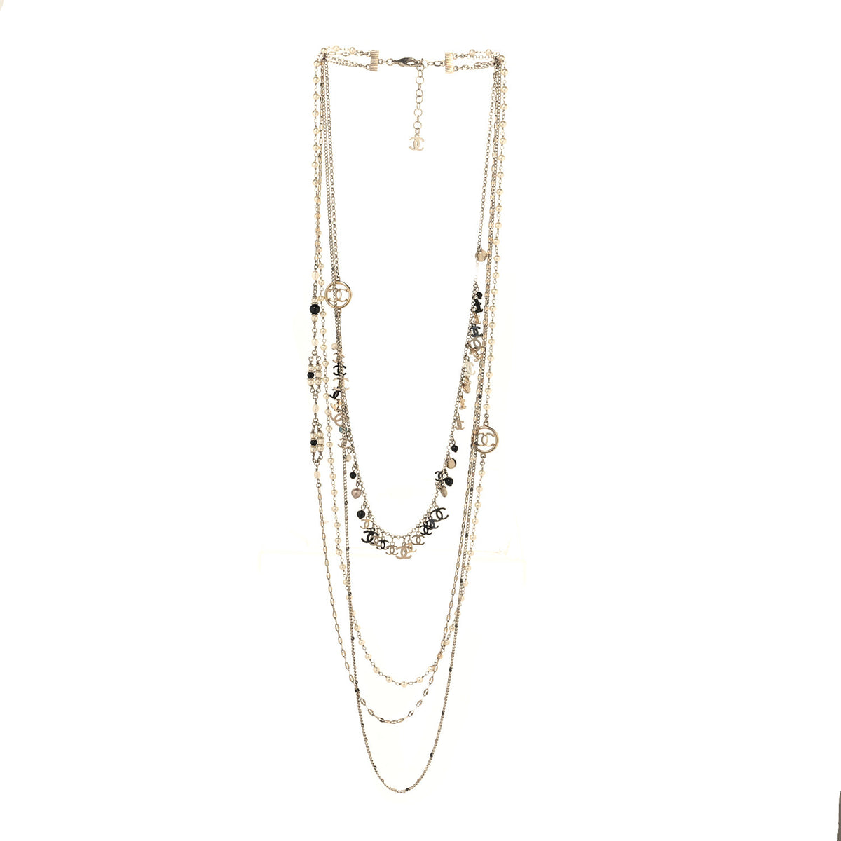 Chanel Pearl Bead Crystal CC Multi Strand Long Necklace Light Gold Black 3 of 4