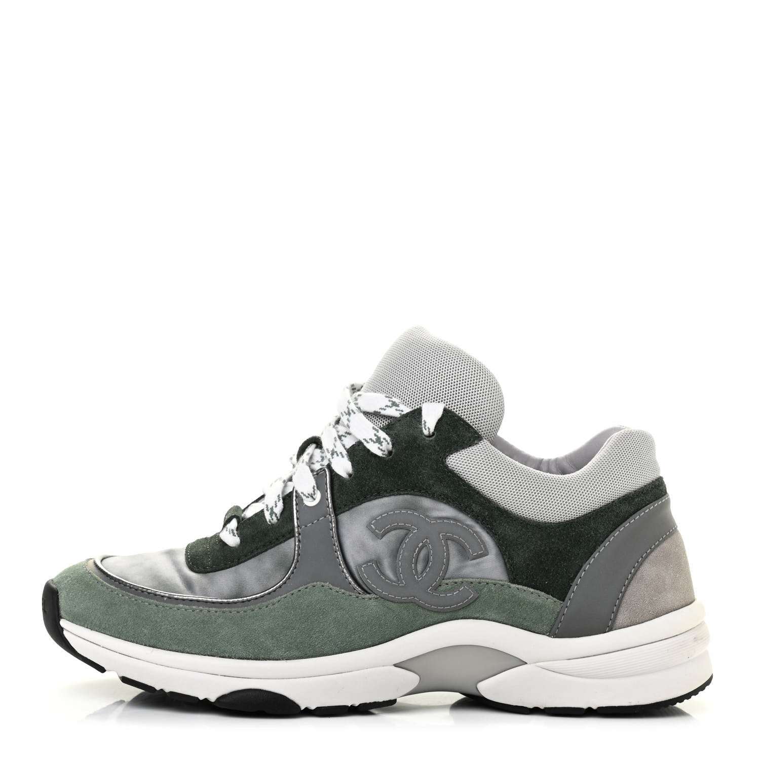 Chanel Nylon Lambskin Suede Calfskin CC Sneakers 38.5 Green Grey White 1 of 9
