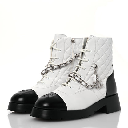 Chanel Caviar Calfskin Quilted Chain Lace Up Combat Boots 41 White Black 3 of 12