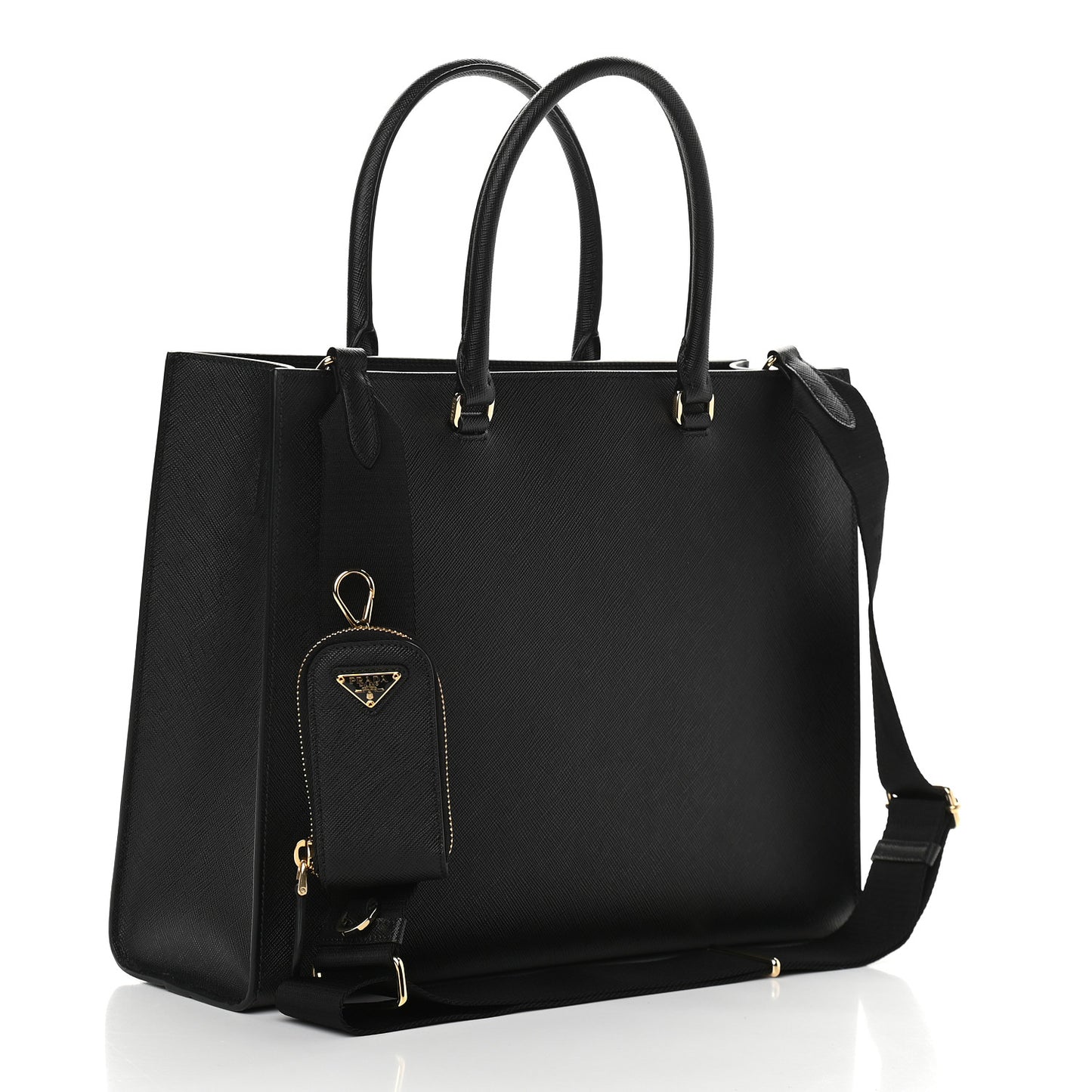 Saffiano Lux Metal Triangle Logo Large Shoulder Tote Handbag Black