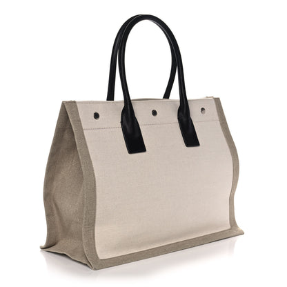 Saint Laurent Linen Calfskin Small Rive Gauche Tote Greggio Natural 3 of 12