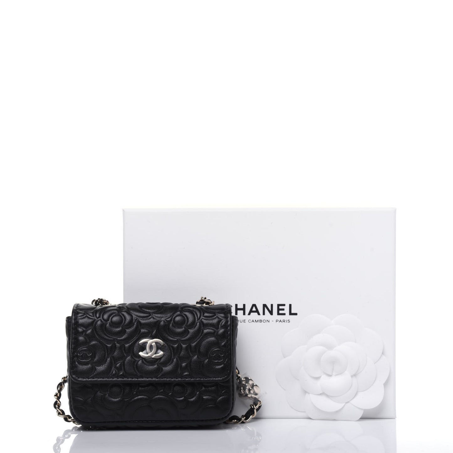 Lambskin Camellia Embossed Chain Belt Bag Black