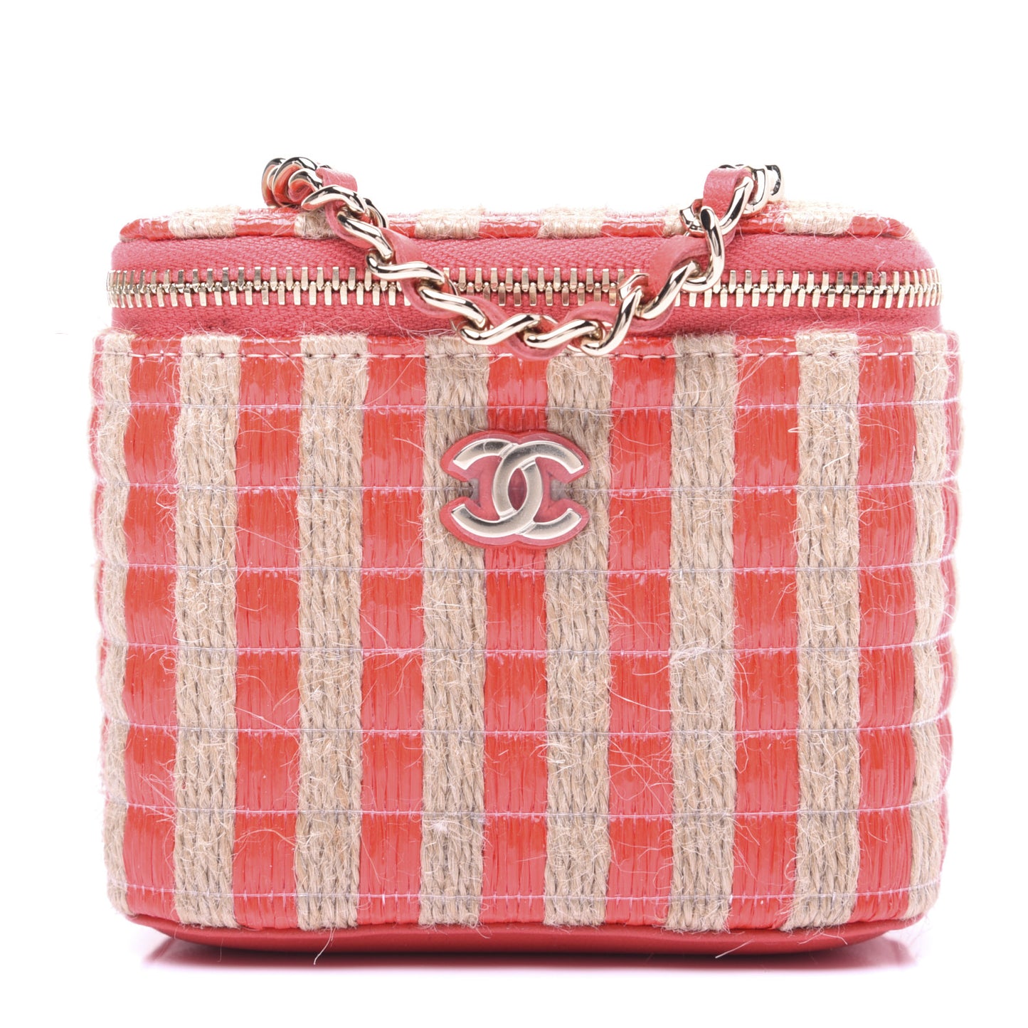 Raffia Jute Striped Mini Vanity Case With Chain Red Beige