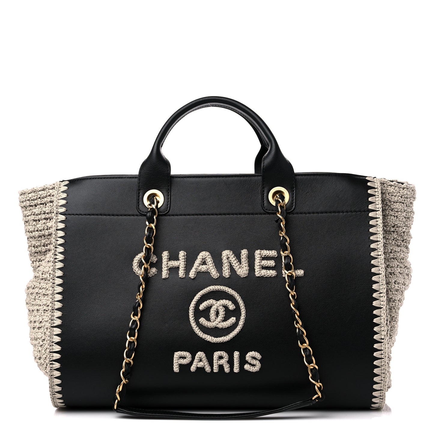 Calfskin Knit Medium Deauville Tote Black Beige