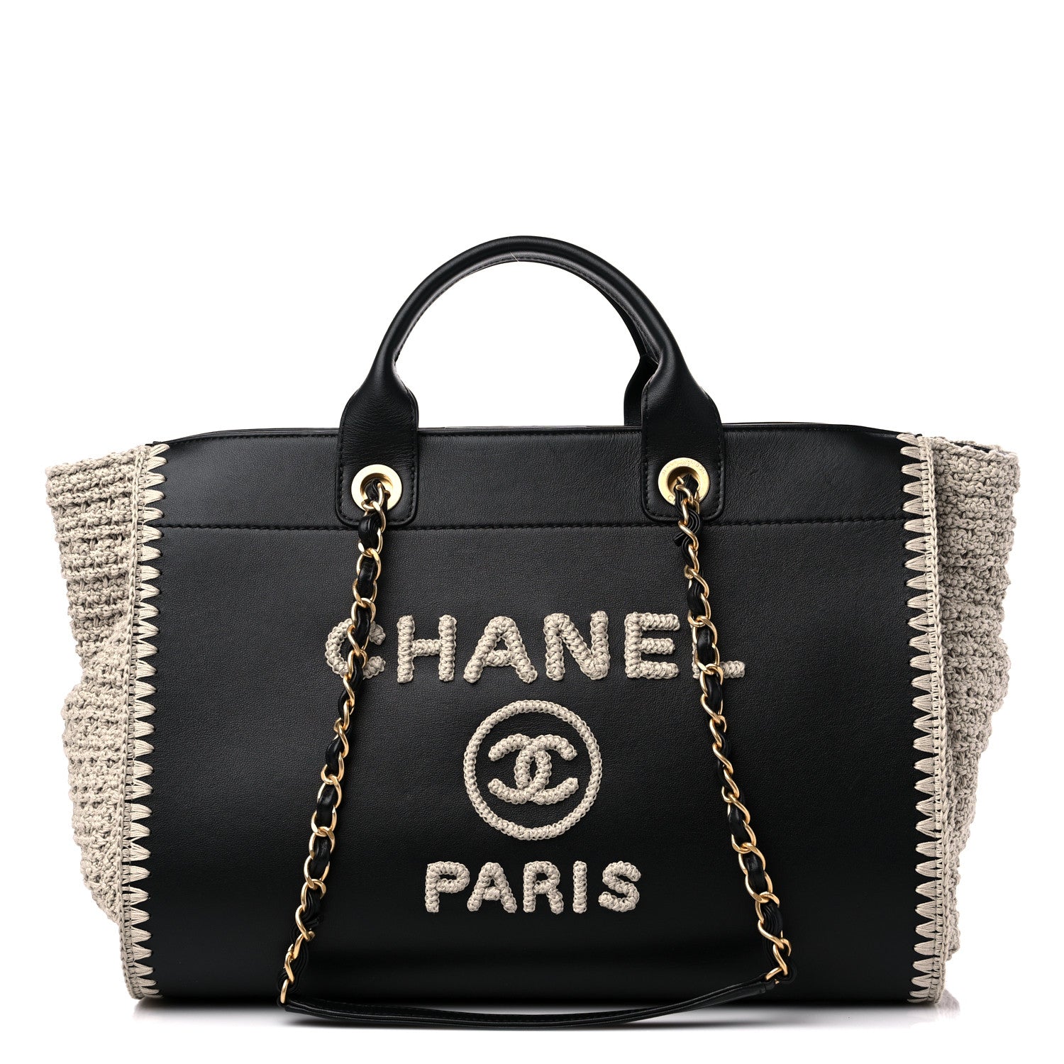 Chanel Calfskin Knit Medium Deauville Tote Black Beige 1 of 9
