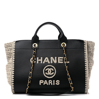 Chanel Calfskin Knit Medium Deauville Tote Black Beige 1 of 9