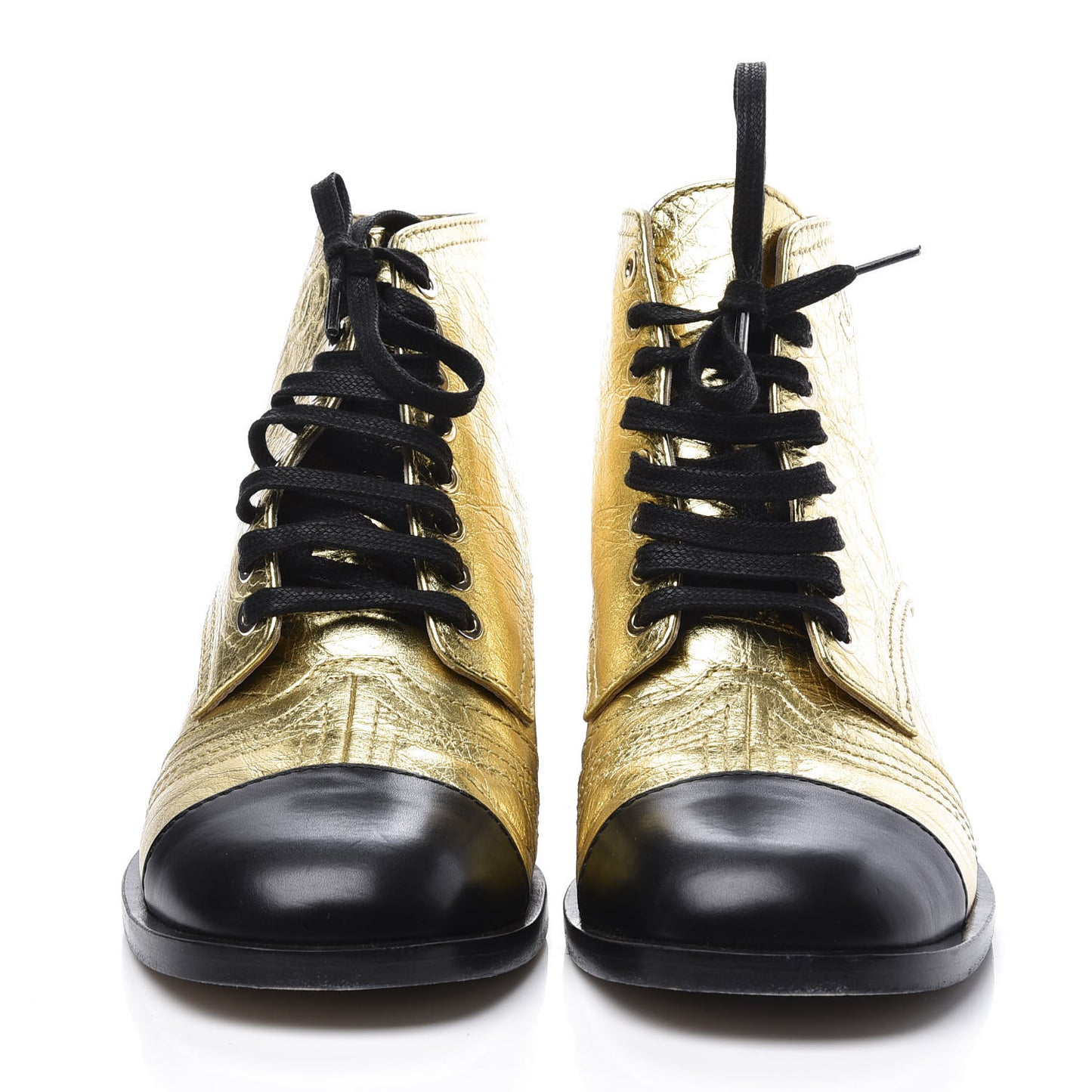 Metallic Calfskin Cap Toe Lace Up Boots 37.5 Gold Black