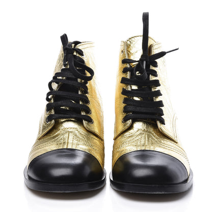 Chanel Metallic Calfskin Cap Toe Lace Up Boots 37.5 Gold Black 3 of 10