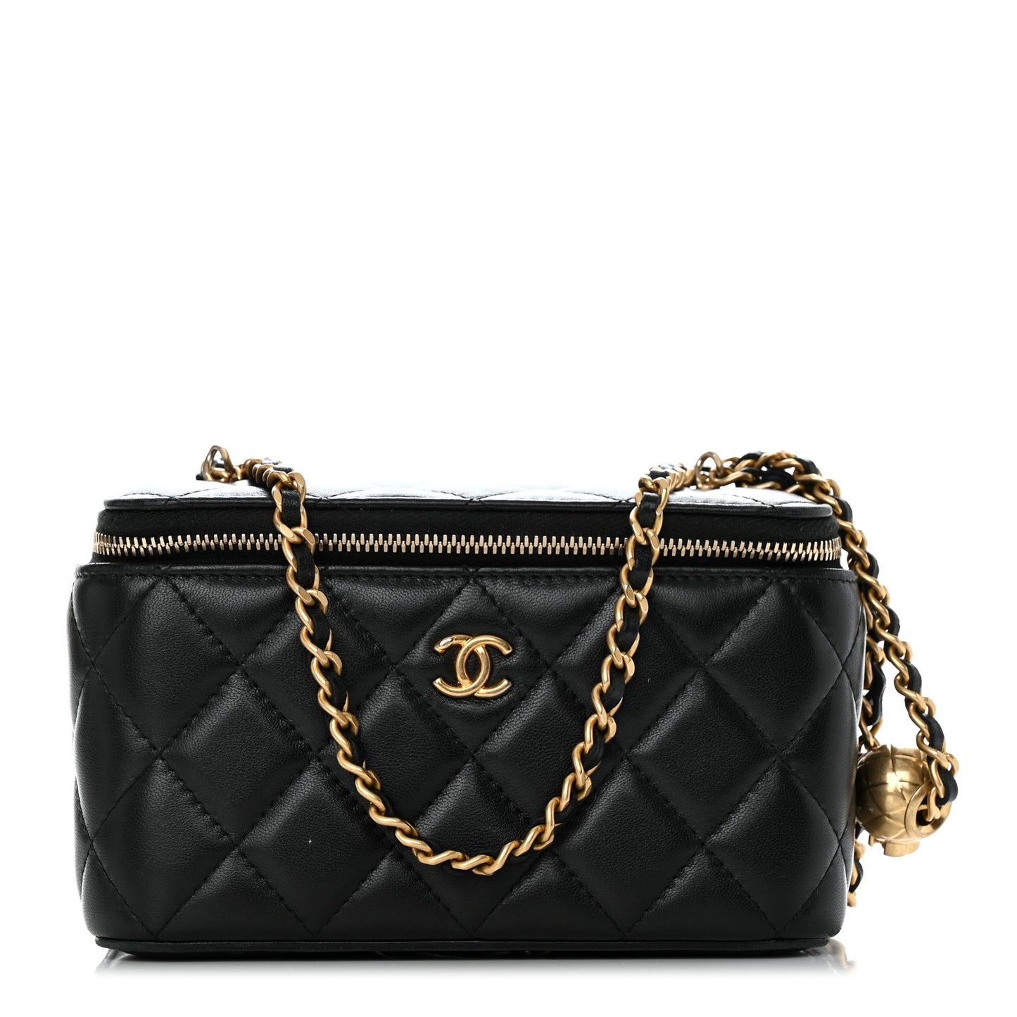 Lambskin Quilted Small Pearl Crush Vanity Case With Chain Black