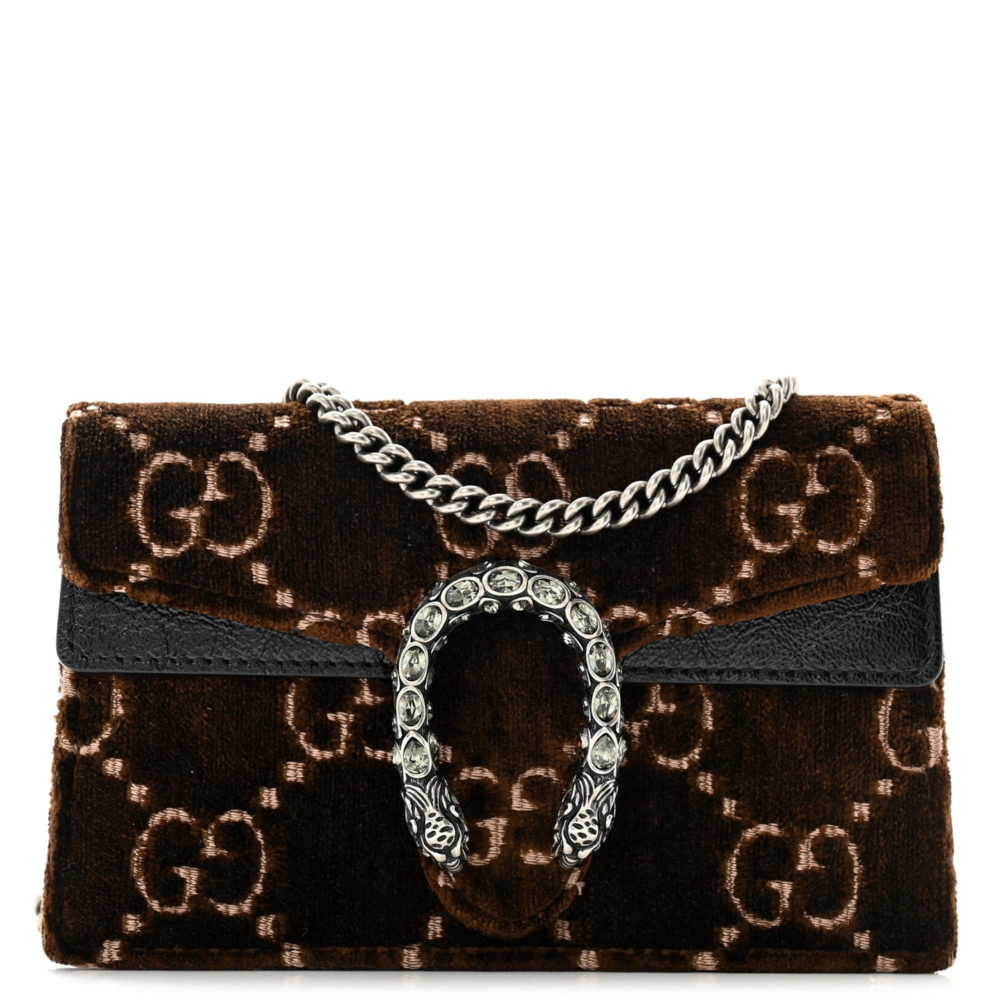 Velvet Skipper Crystal GG Monogram Super Mini Dionysus Shoulder Bag Brown Black Black Diamond