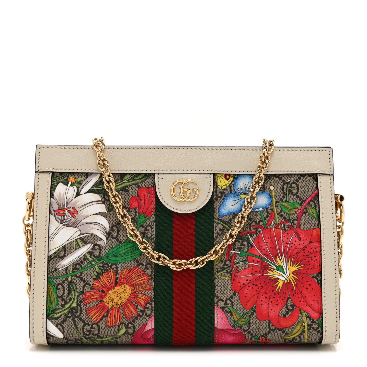 Gucci GG Supreme Monogram Flora Web Small Ophidia Chain Shoulder Bag White 1 of 12