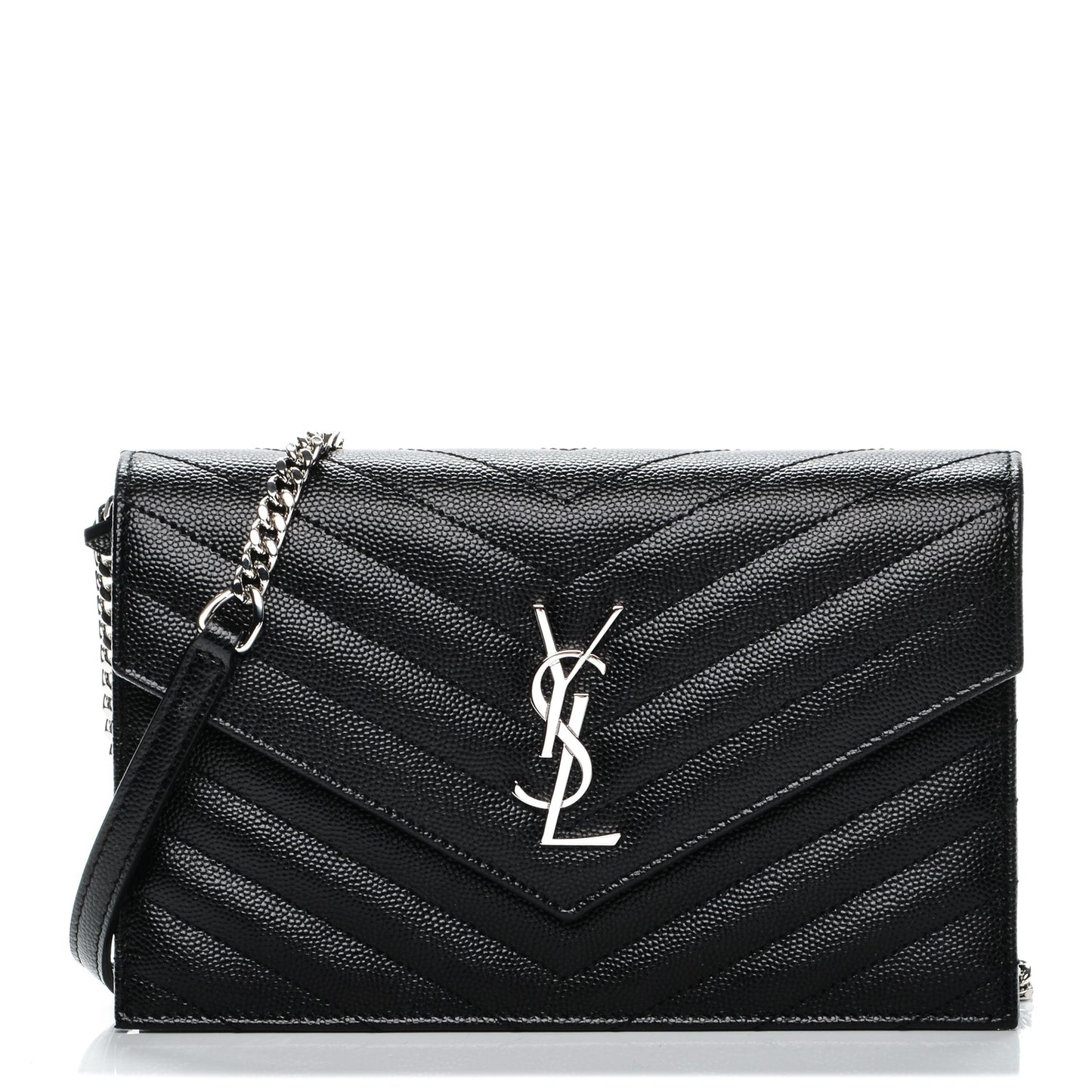 Grain De Poudre Matelasse Chevron Monogram Envelope Chain Wallet Black