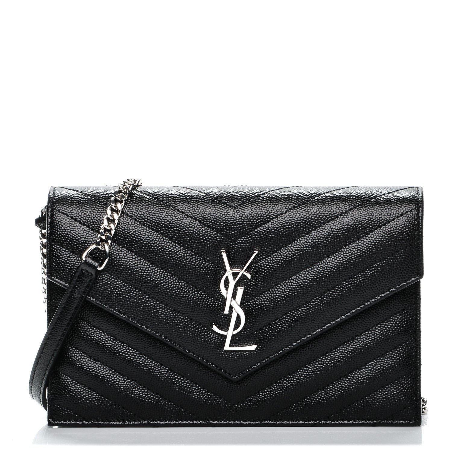 Saint Laurent Grain De Poudre Matelasse Chevron Monogram Envelope Chain Wallet Black 1 of 6