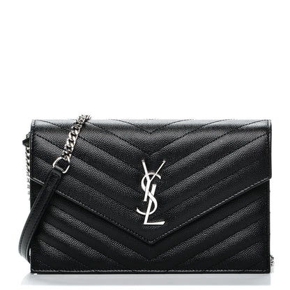 Saint Laurent Grain De Poudre Matelasse Chevron Monogram Envelope Chain Wallet Black 1 of 6