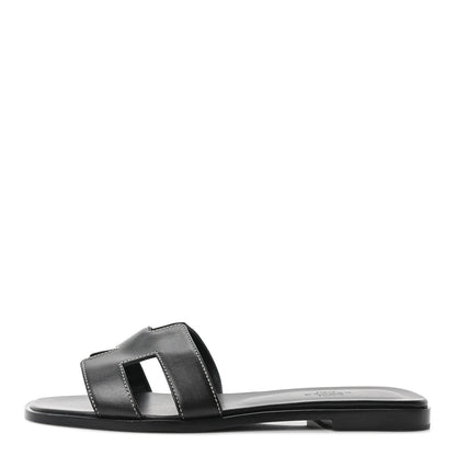 Hermes Box Calfskin Oran Sandals 39.5 Black 1 of 9