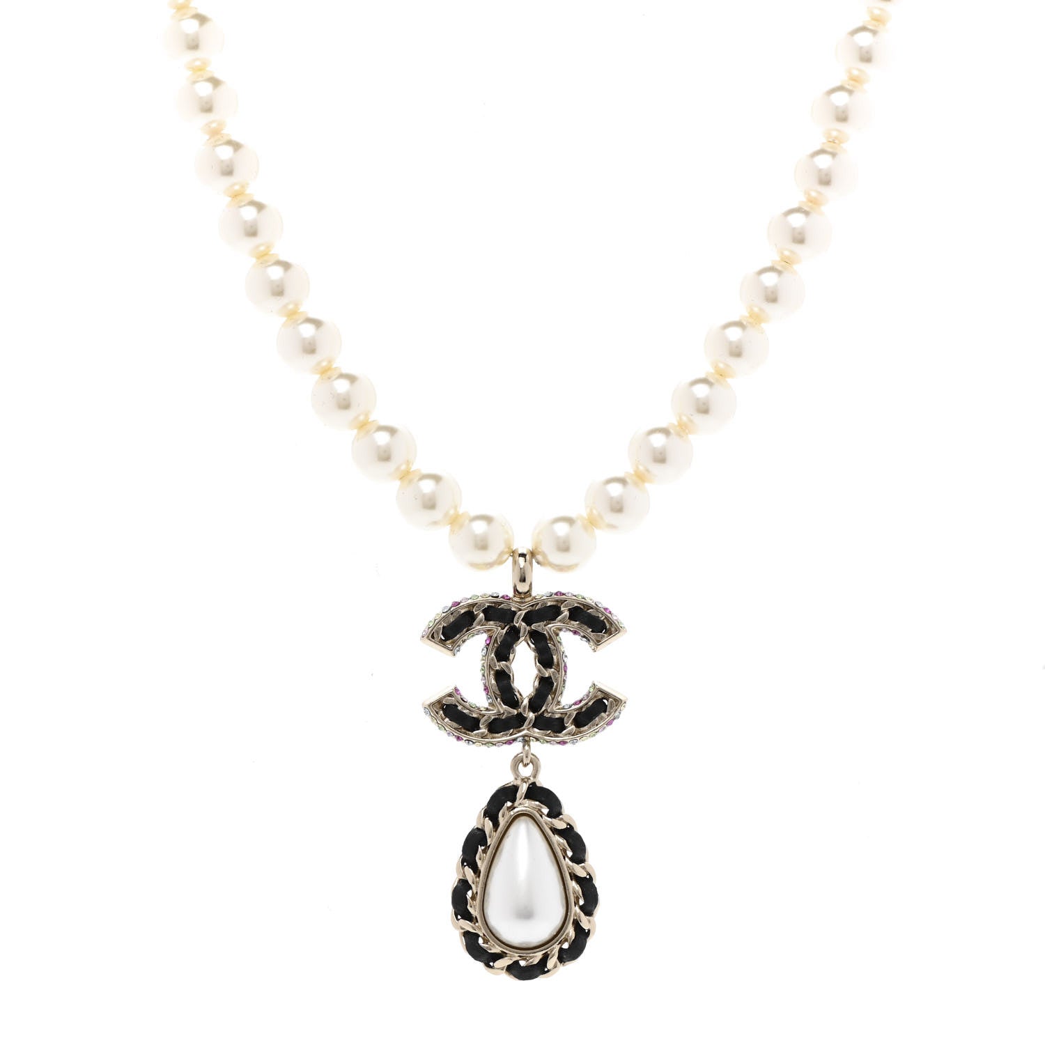 Chanel Lambskin Crystal Pearl CC Short Pendant Necklace Gold Pearly White Black Multicolor 1 of 7
