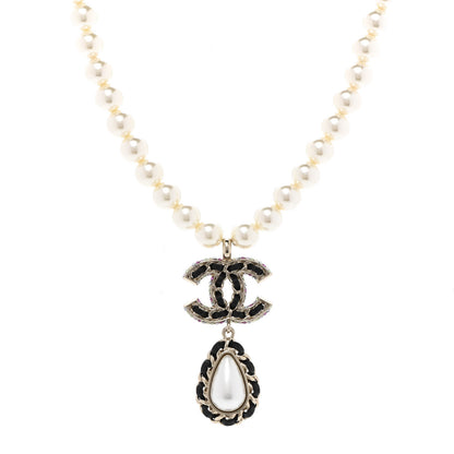 Chanel Lambskin Crystal Pearl CC Short Pendant Necklace Gold Pearly White Black Multicolor 1 of 7