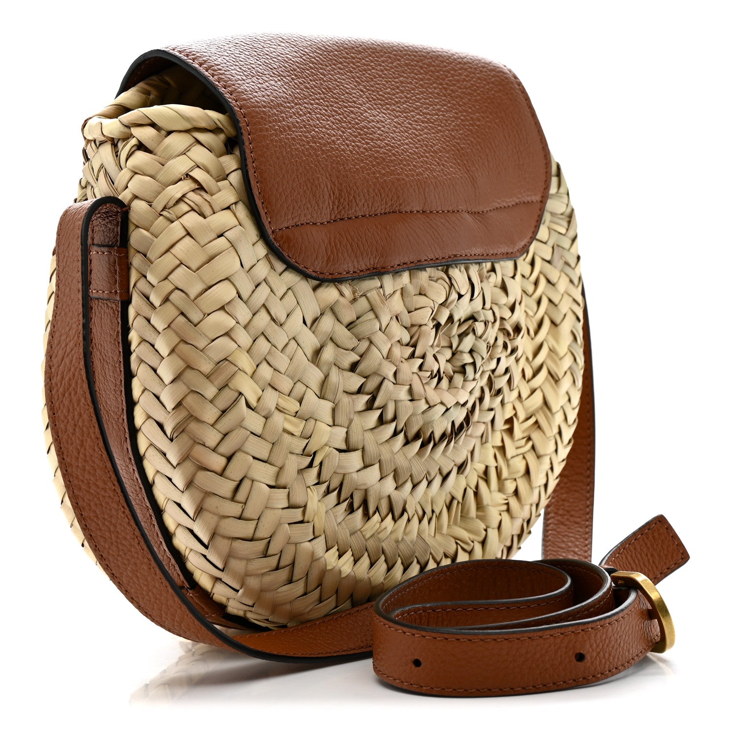 Chloe Raffia Small Grain Calfskin Small Marcie Basket Crossbody Tan 3 of 11