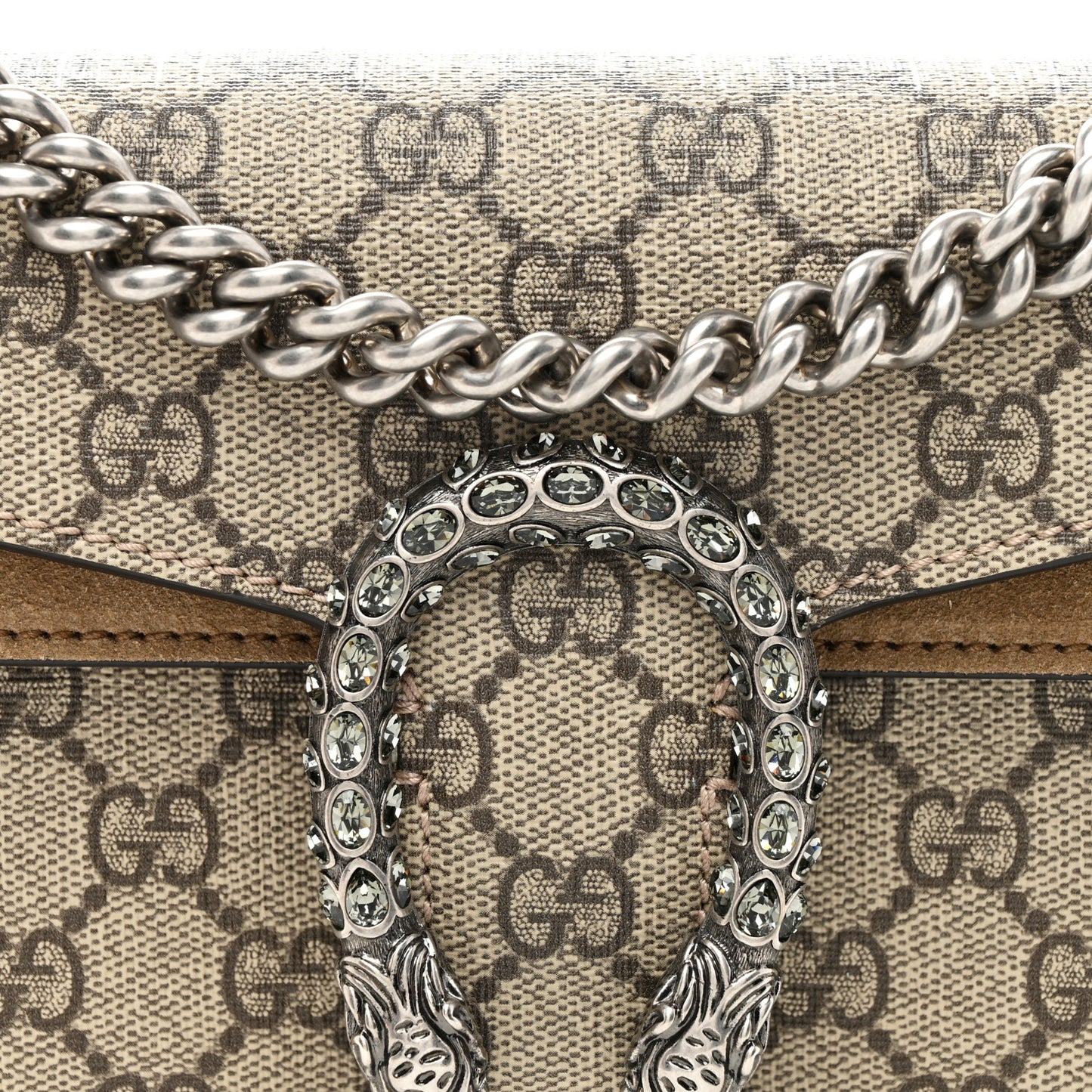 GG Supreme Monogram Suede Crystal Small Dionysus Shoulder Bag Beige Ebony Taupe