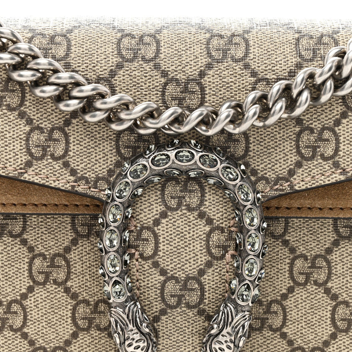 Gucci GG Supreme Monogram Suede Crystal Small Dionysus Shoulder Bag Beige Ebony Taupe 8 of 12