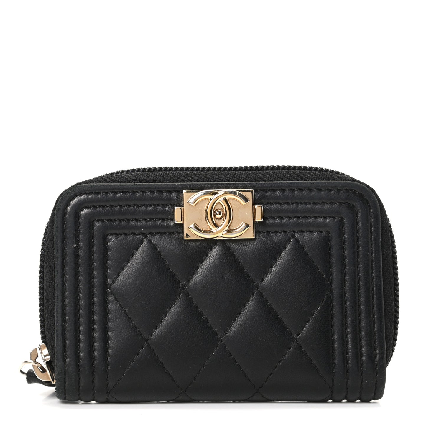 Lambskin Quilted Zip Around Boy Coin Purse Wallet Black