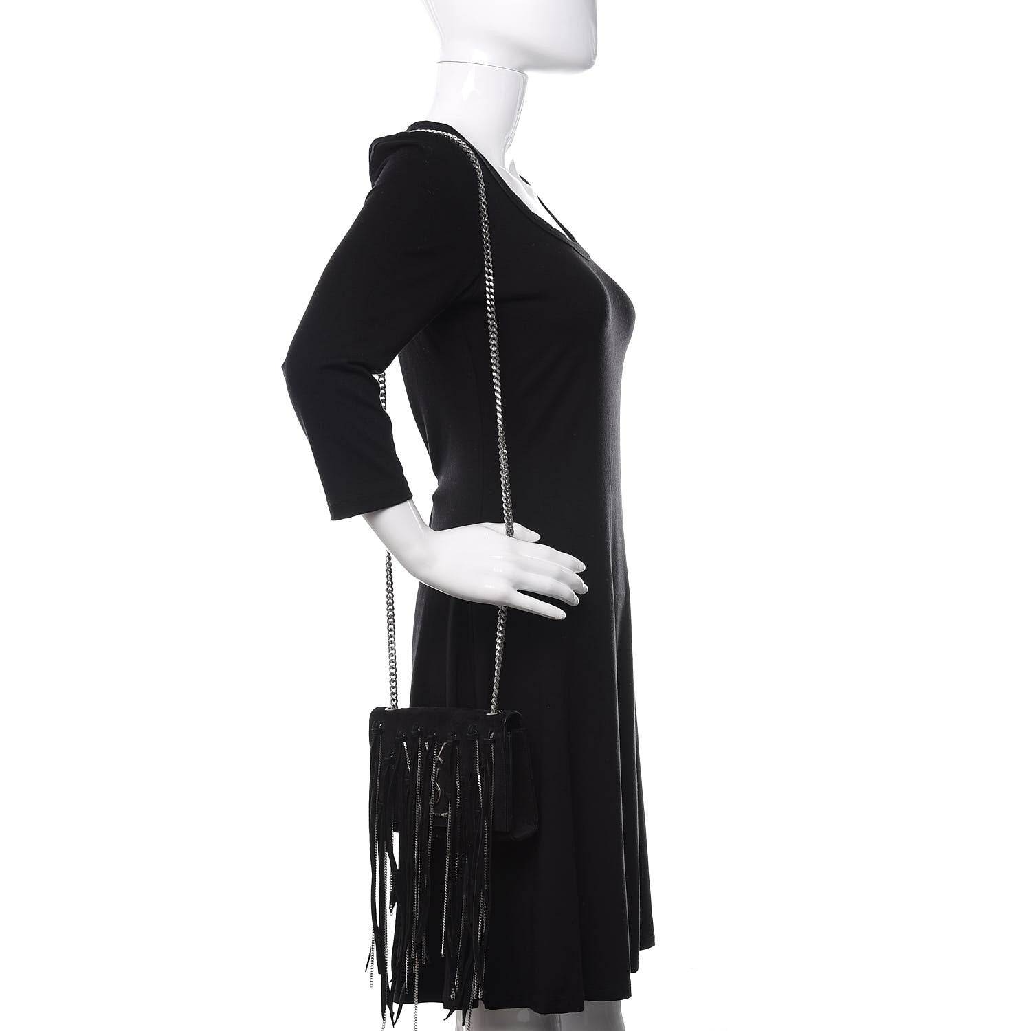 Saint Laurent Suede Fringe Chain Monogram Satchel Black 2 of 9