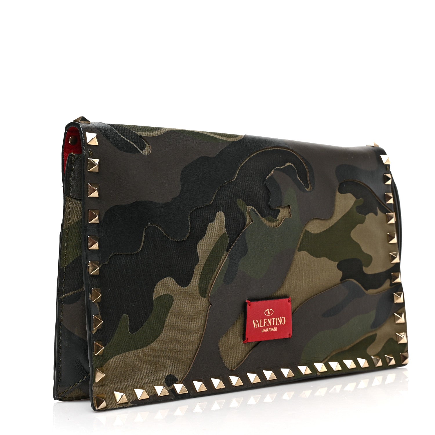 Valentino Garavani Nappa Canvas Camouflage Rockstud Wristlet Clutch Verde Rouge 3 of 7