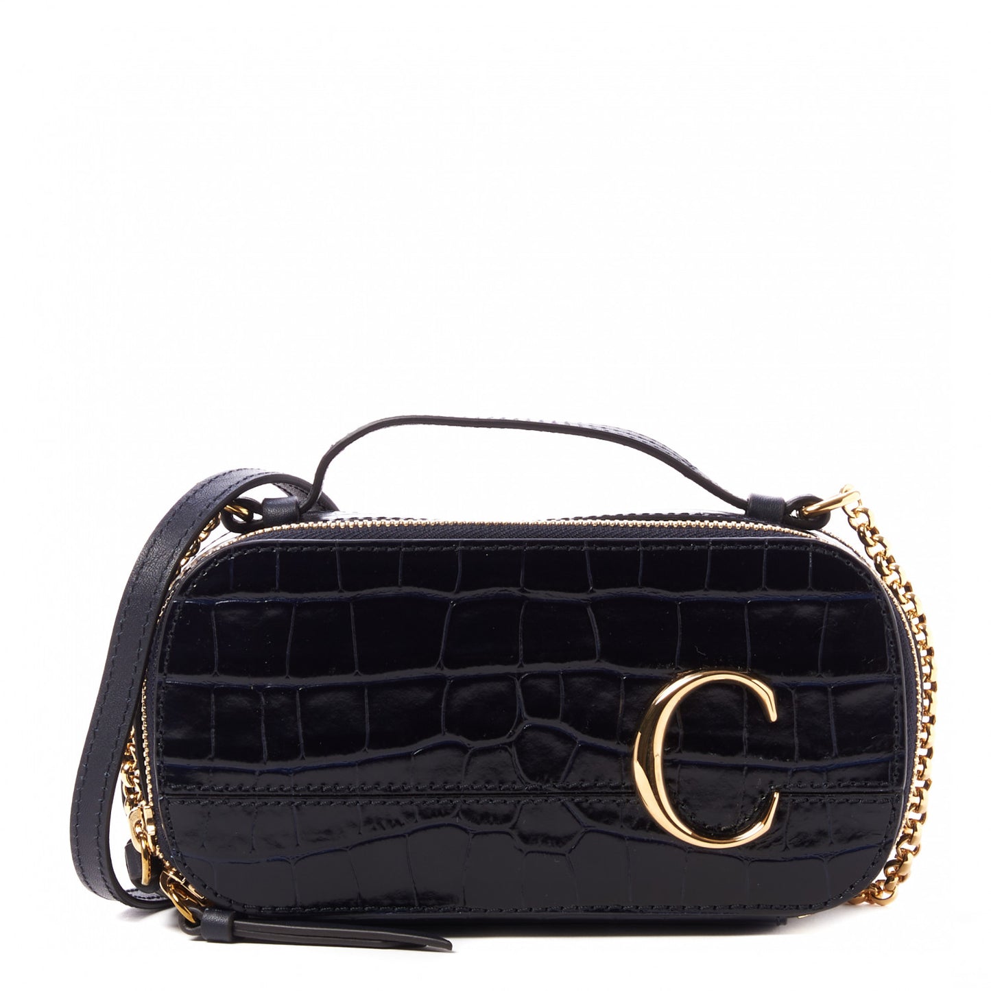 Calfskin Crocodile Embossed Mini C Vanity Bag Full Blue