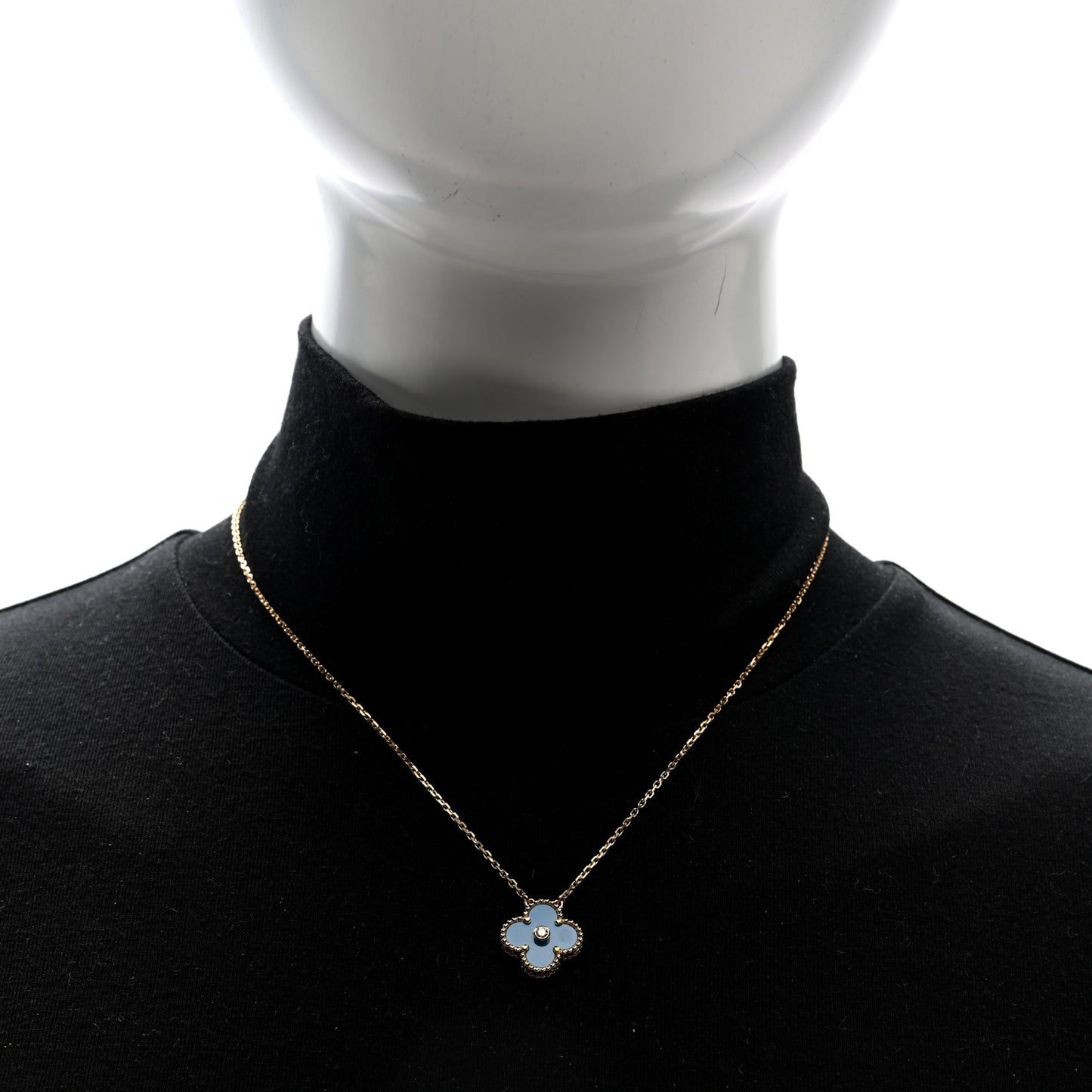 18K Yellow Gold Diamond Celestial Blue Sevres Porcelain Vintage Alhambra Pendant Necklace