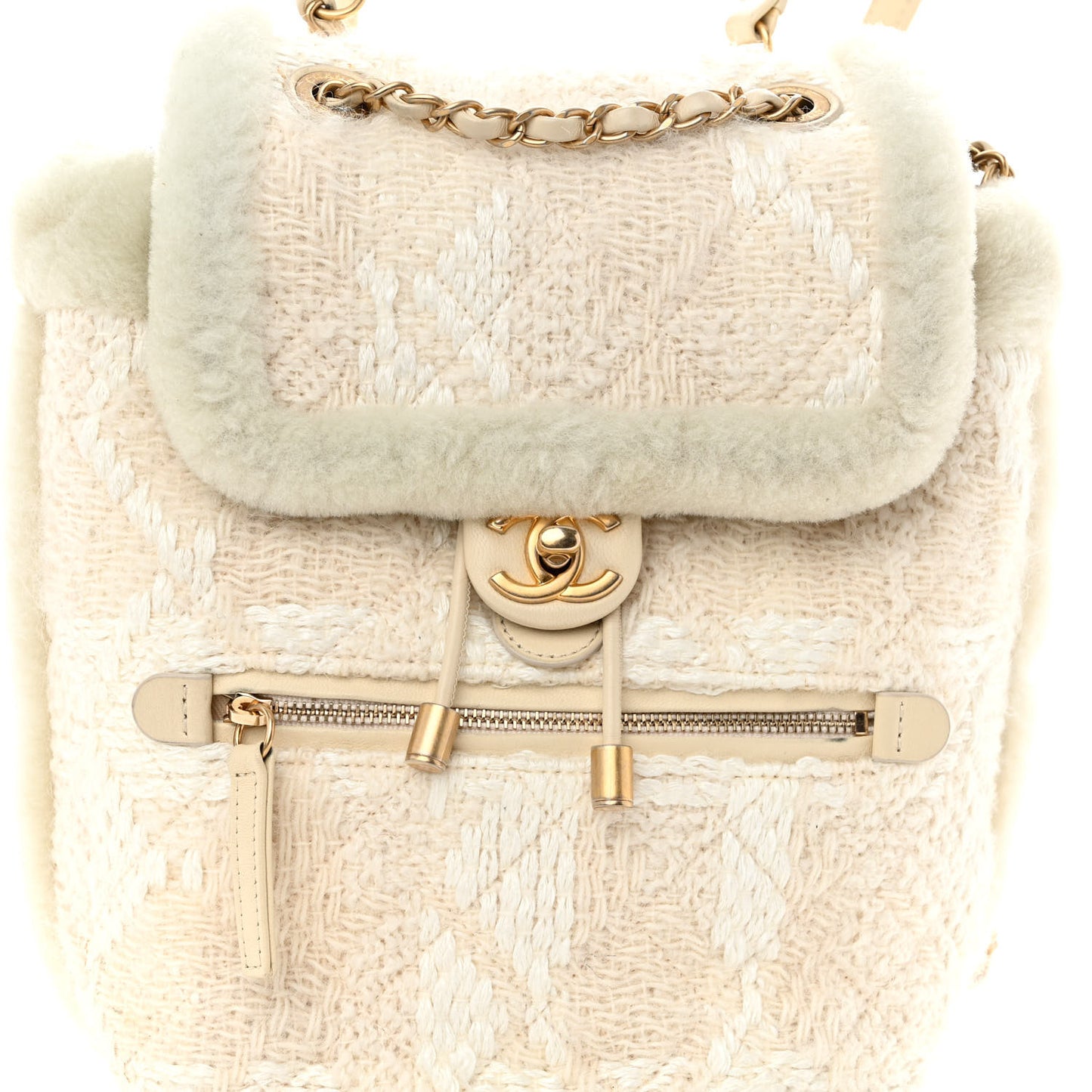 Tweed Shearling Quilted CC Backpack White