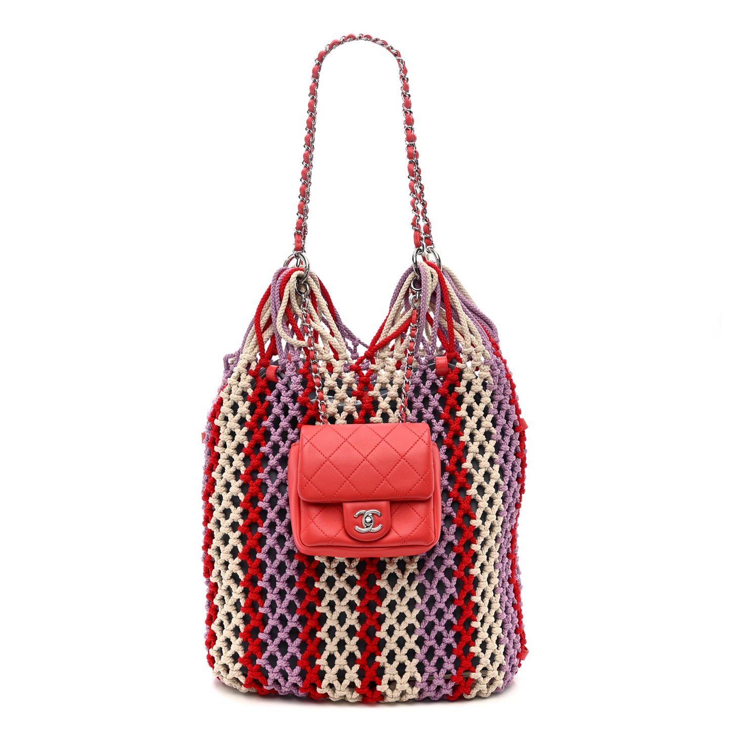 Lambskin Mixed Fibers Large Shopping Bag Red Purple White