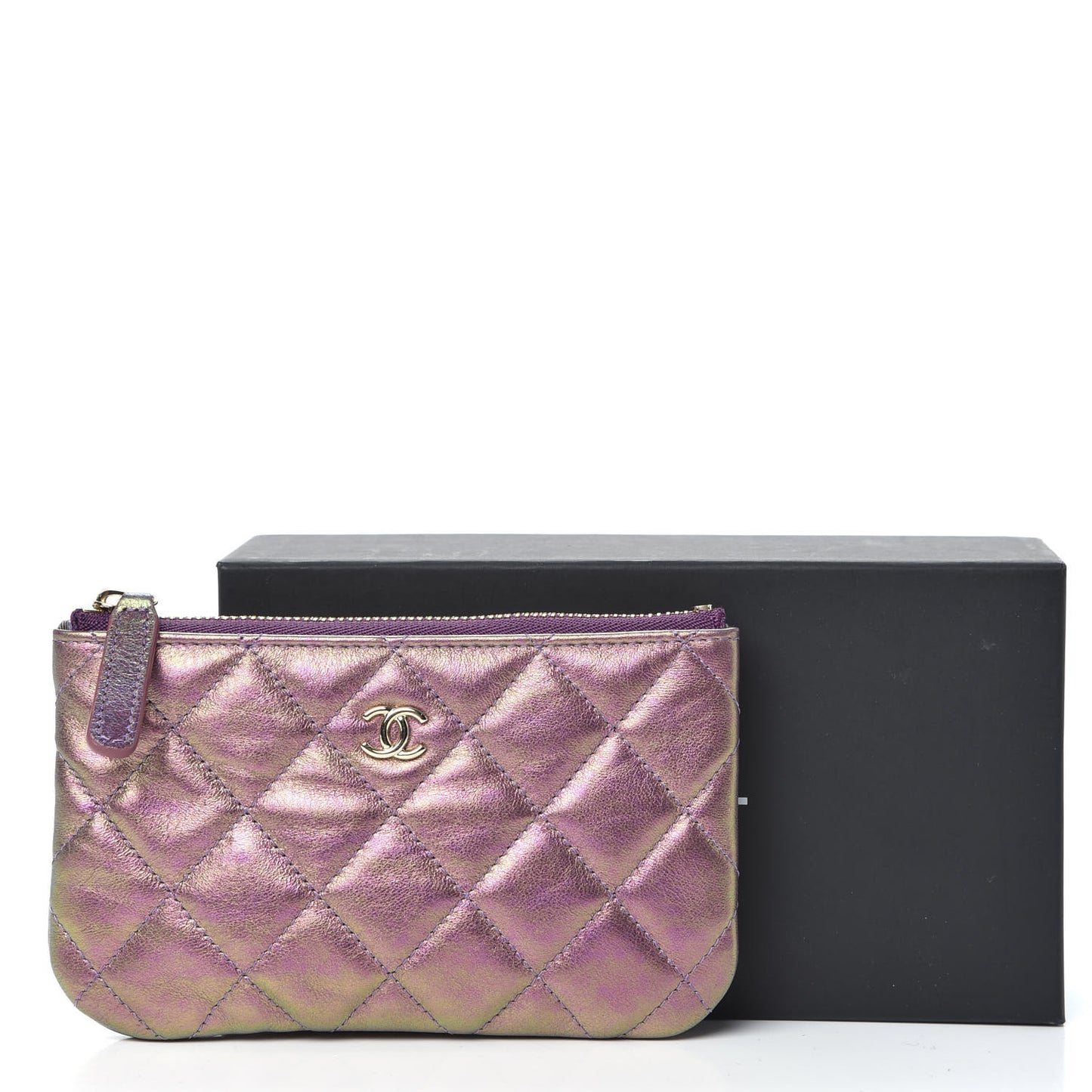 Iridescent Lambskin Quilted Small Cosmetic Case Purple