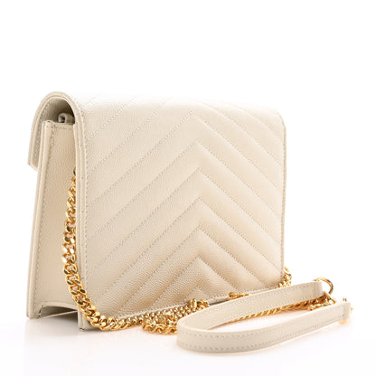 Saint Laurent Grain De Poudre Matelasse Chevron Monogram Envelope Chain Wallet Crema Soft 3 of 10