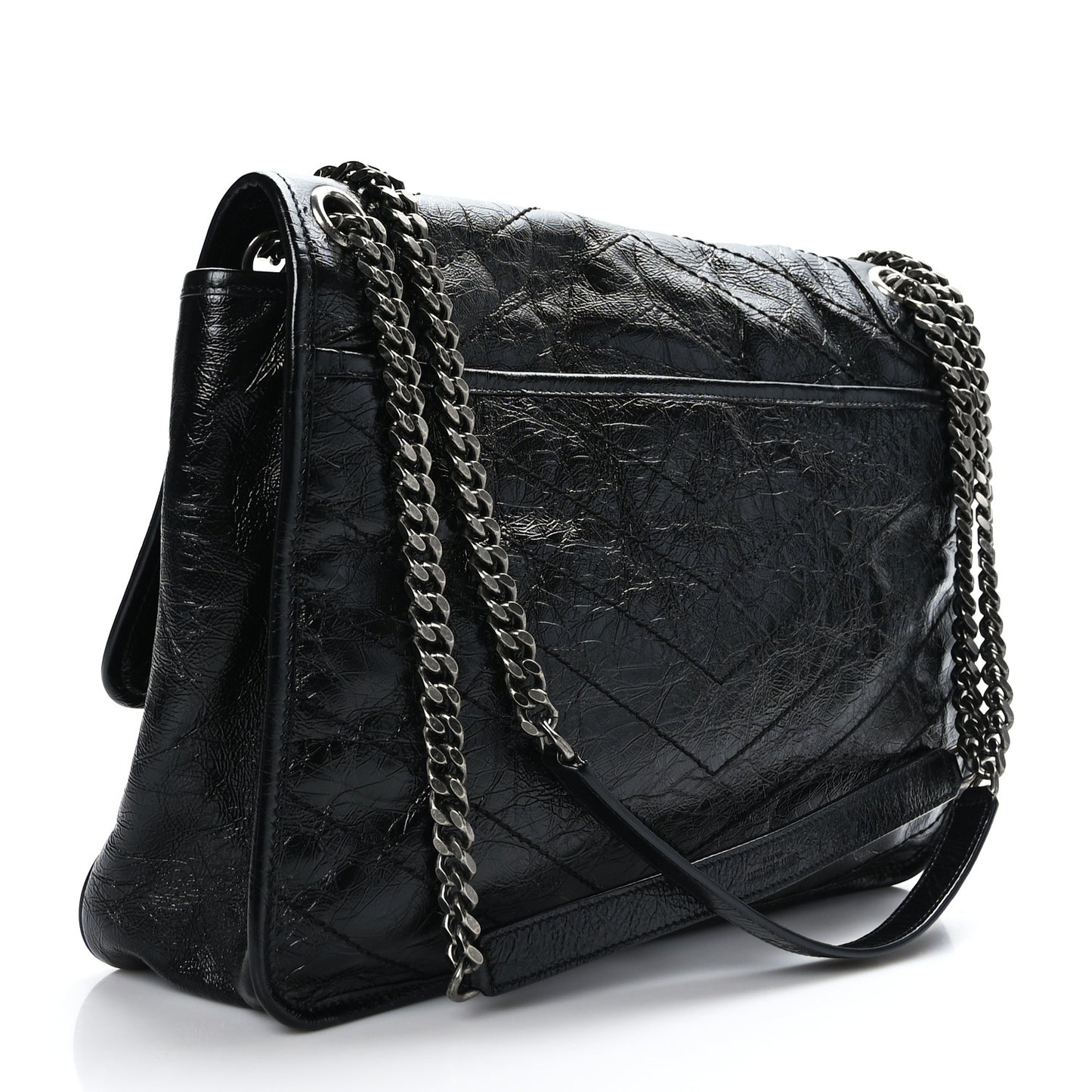 Crinkled Calfskin Matelasse Monogram Large Niki Chain Satchel Black