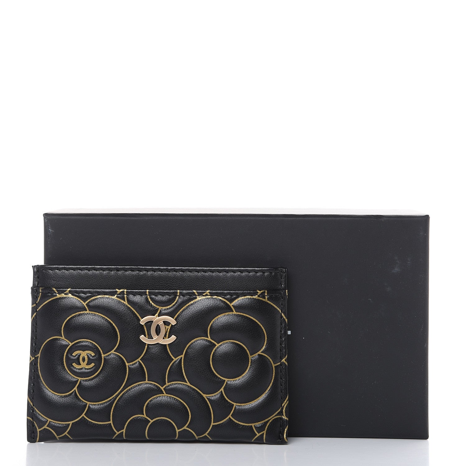 Chanel Lambskin Camellia Embossed Card Holder Black Gold 9 of 9