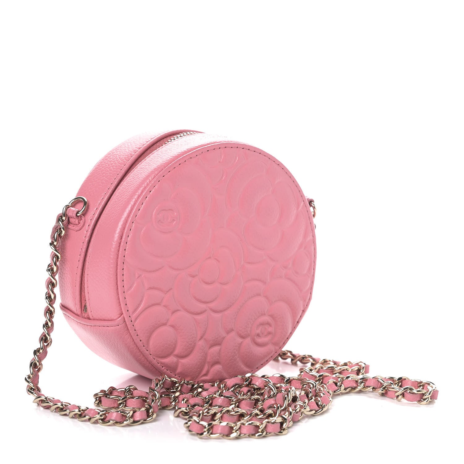 Chanel Caviar Camellia Embossed Round Clutch With Chain Pink 2 of 8