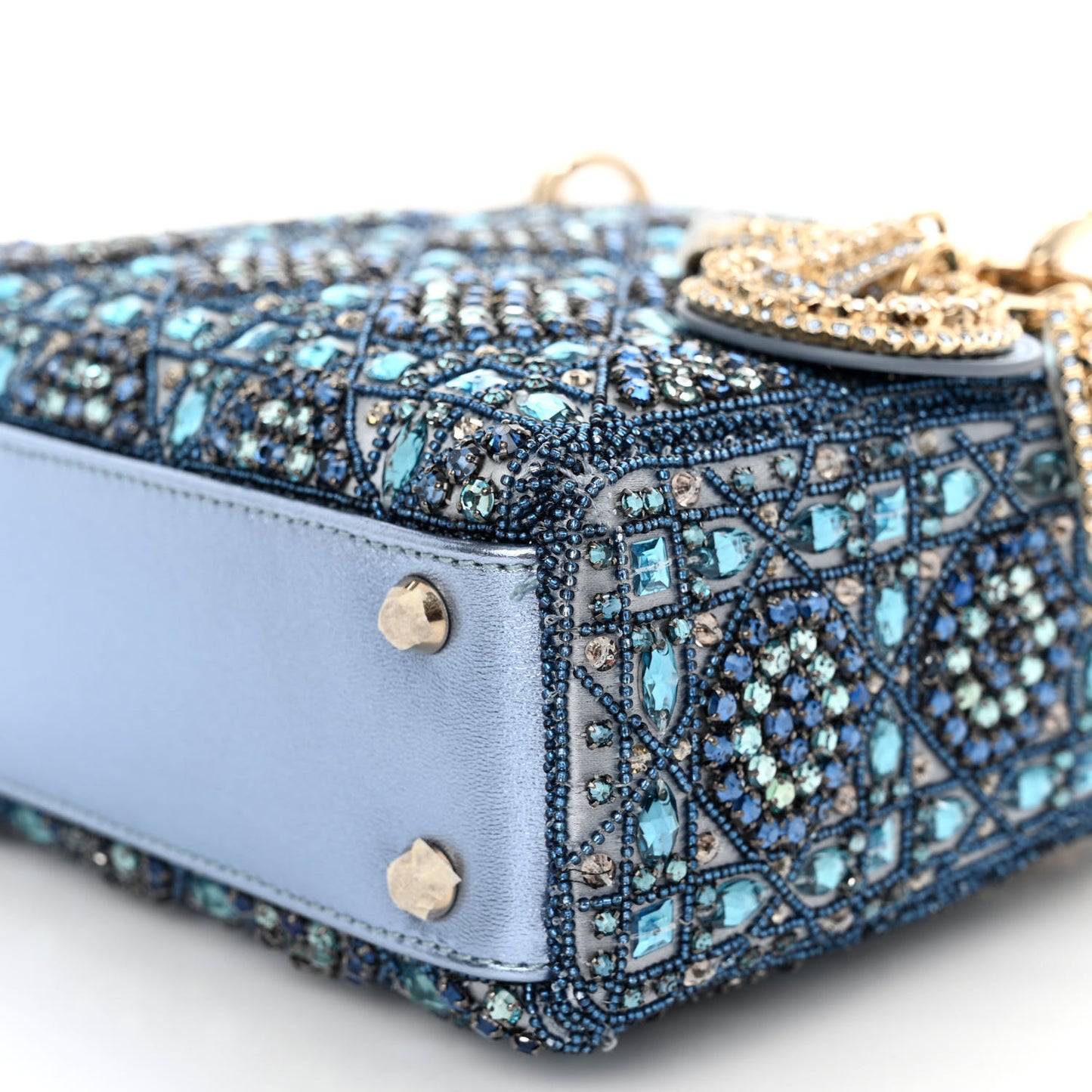 Metallic Calfskin Satin Celestial Bead Embroidery Cannage Mini Lady Dior Blue