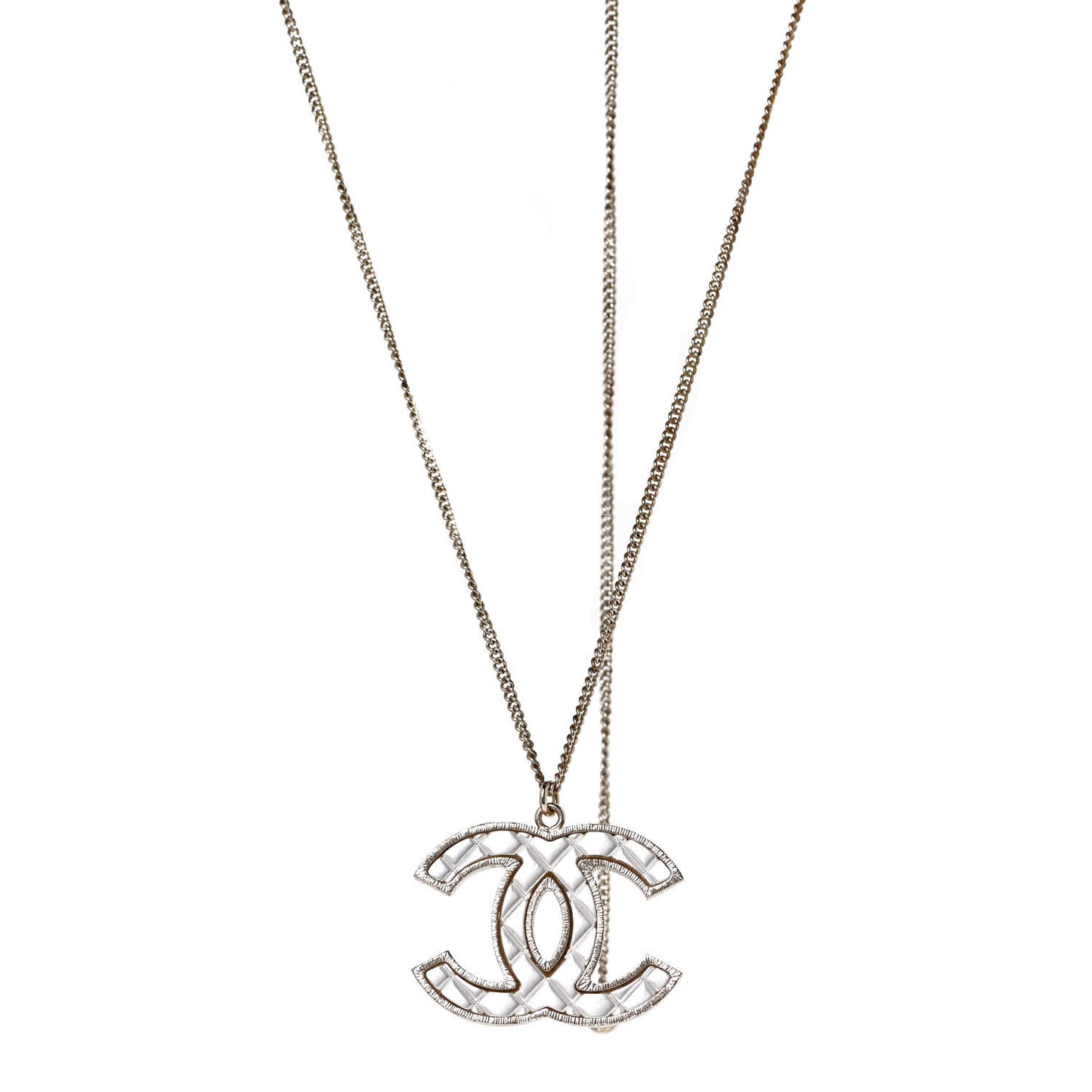 Metal Quilted CC Pendant Necklace Gold White