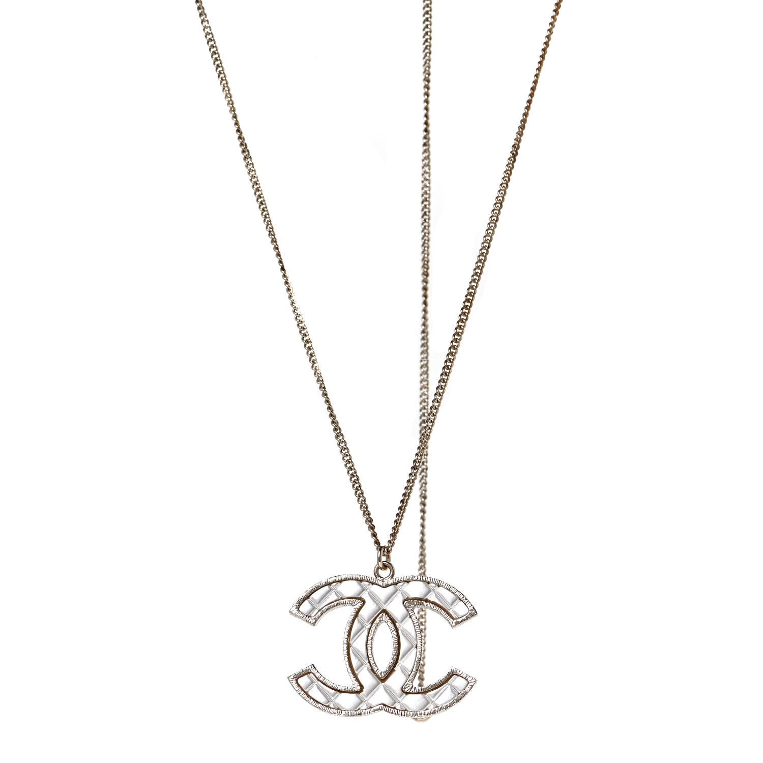 Chanel Metal Quilted CC Pendant Necklace Gold White 1 of 6
