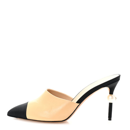 Chanel Goatskin Grosgrain Cap Toe Pearl Mule 39 Beige Black 1 of 10