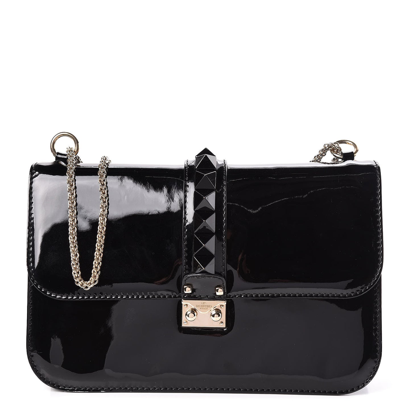 Patent Monochrome Large Glam Lock Rockstud Flap Black