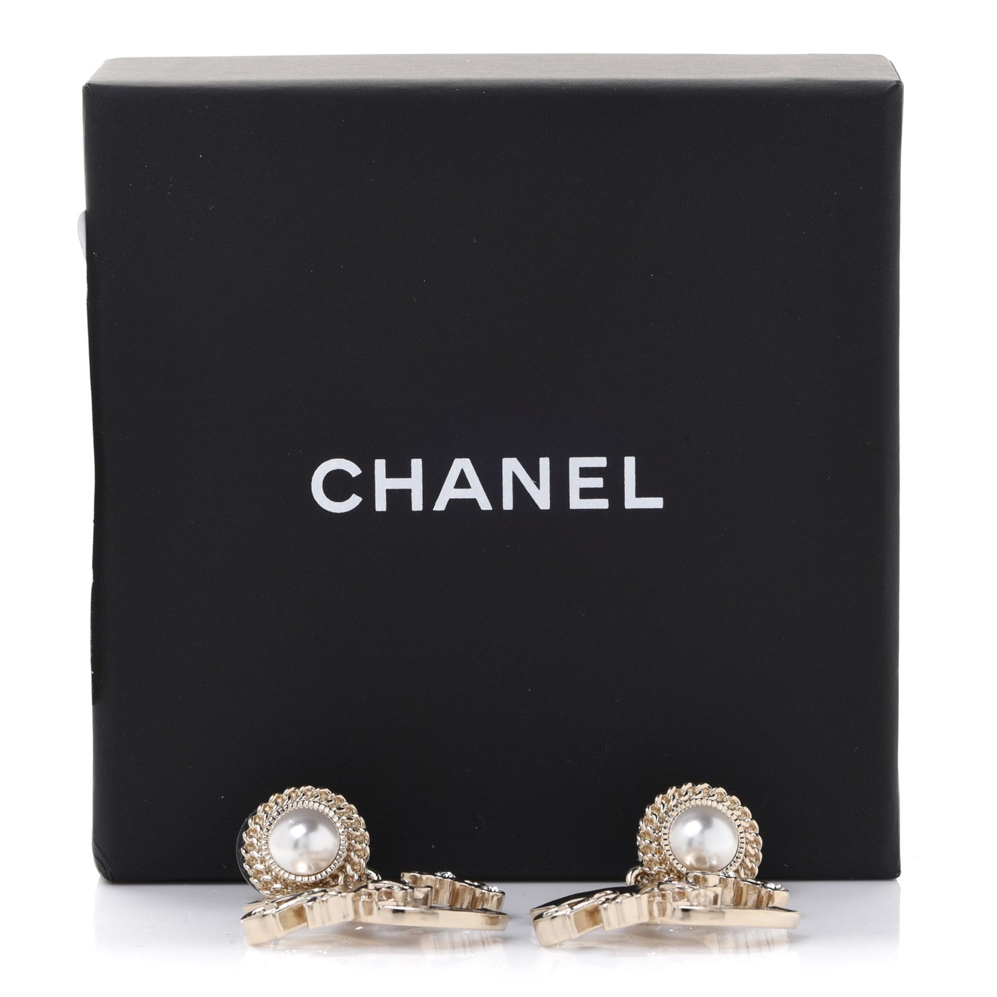 Metal Pearl Crystal Coco Script CC Drop Earrings Gold