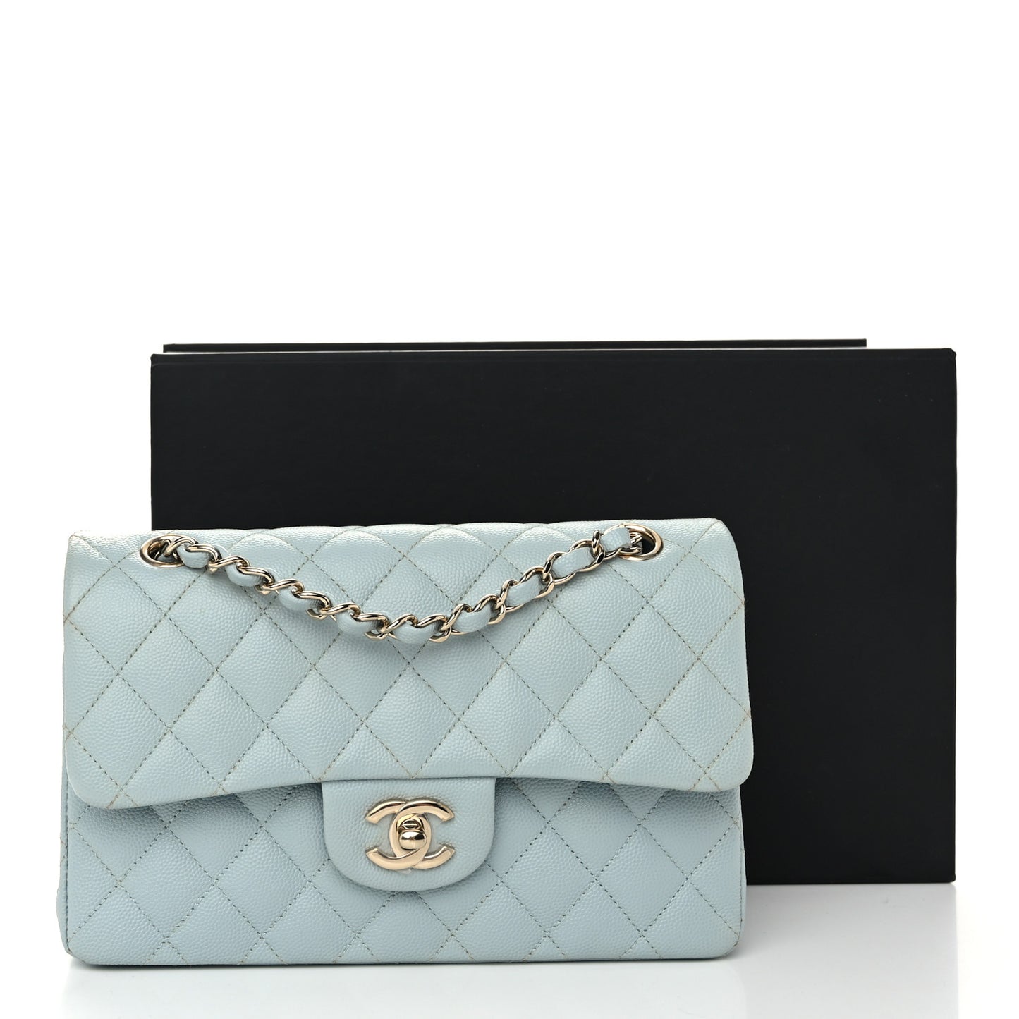 Caviar Quilted Small Double Flap Light Blue