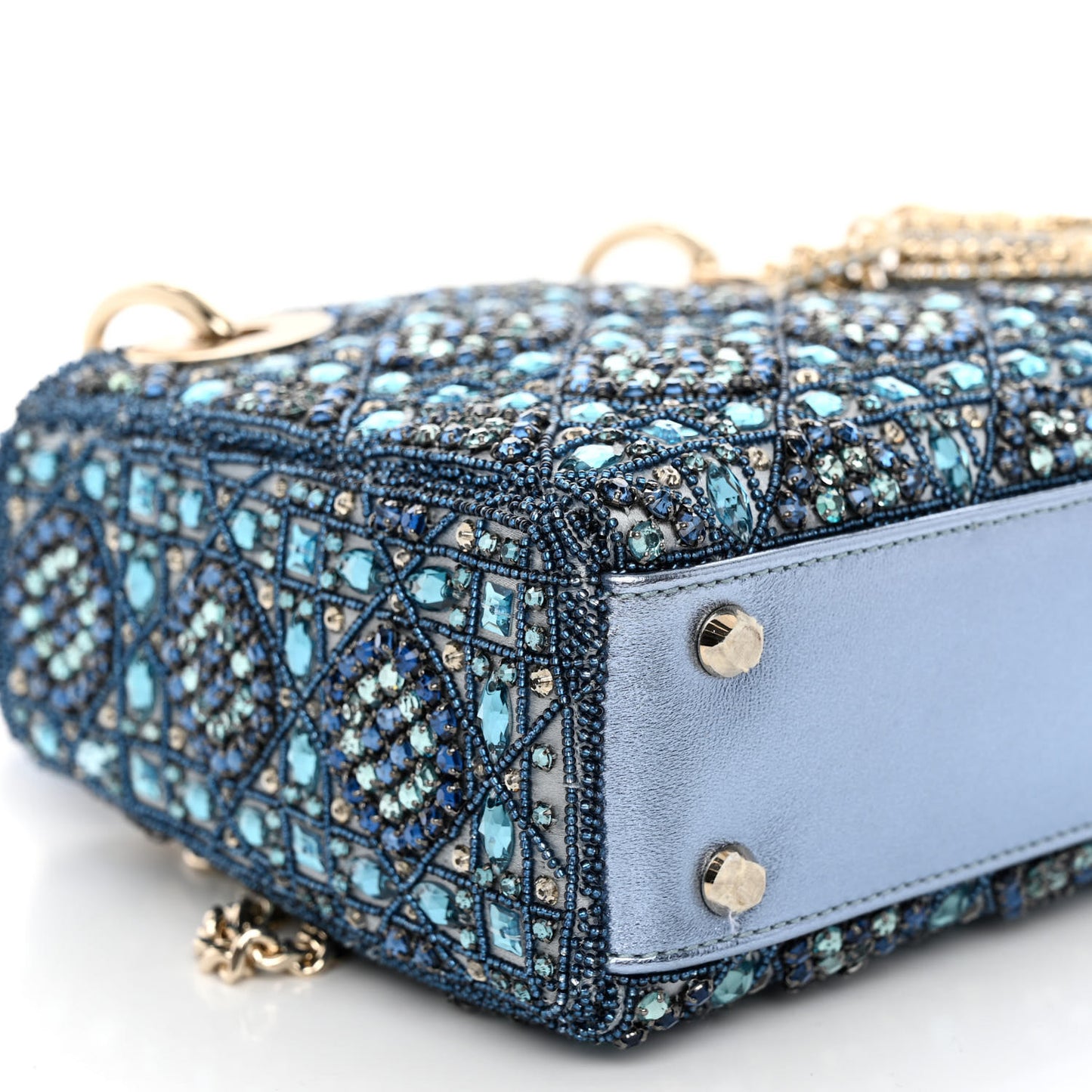 Metallic Calfskin Satin Celestial Bead Embroidery Cannage Mini Lady Dior Blue