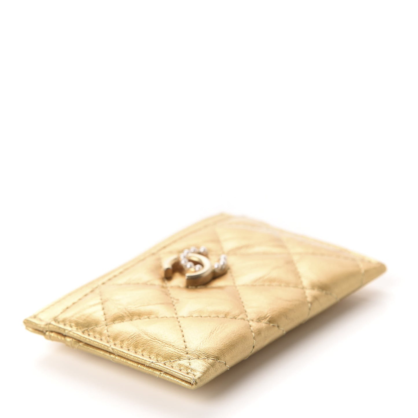 Aged Metallic Calfskin Pearl CC Quilted Card Holder Gold