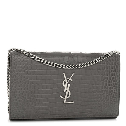 Saint Laurent Calfskin Crocodile Embossed Monogram Chain Wallet Fog 1 of 10
