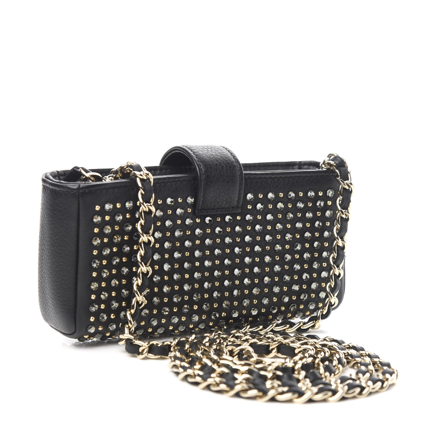 Calfskin Strass Studded Mini Phone Holder Clutch Black