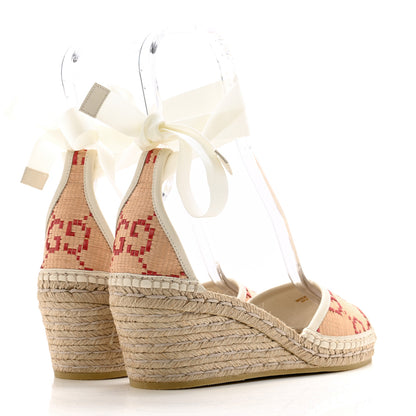 Gucci GG Raffia Monogram Ankle Wrap Platform Espadrille Wedge Sandals 40 Beige 4 of 11