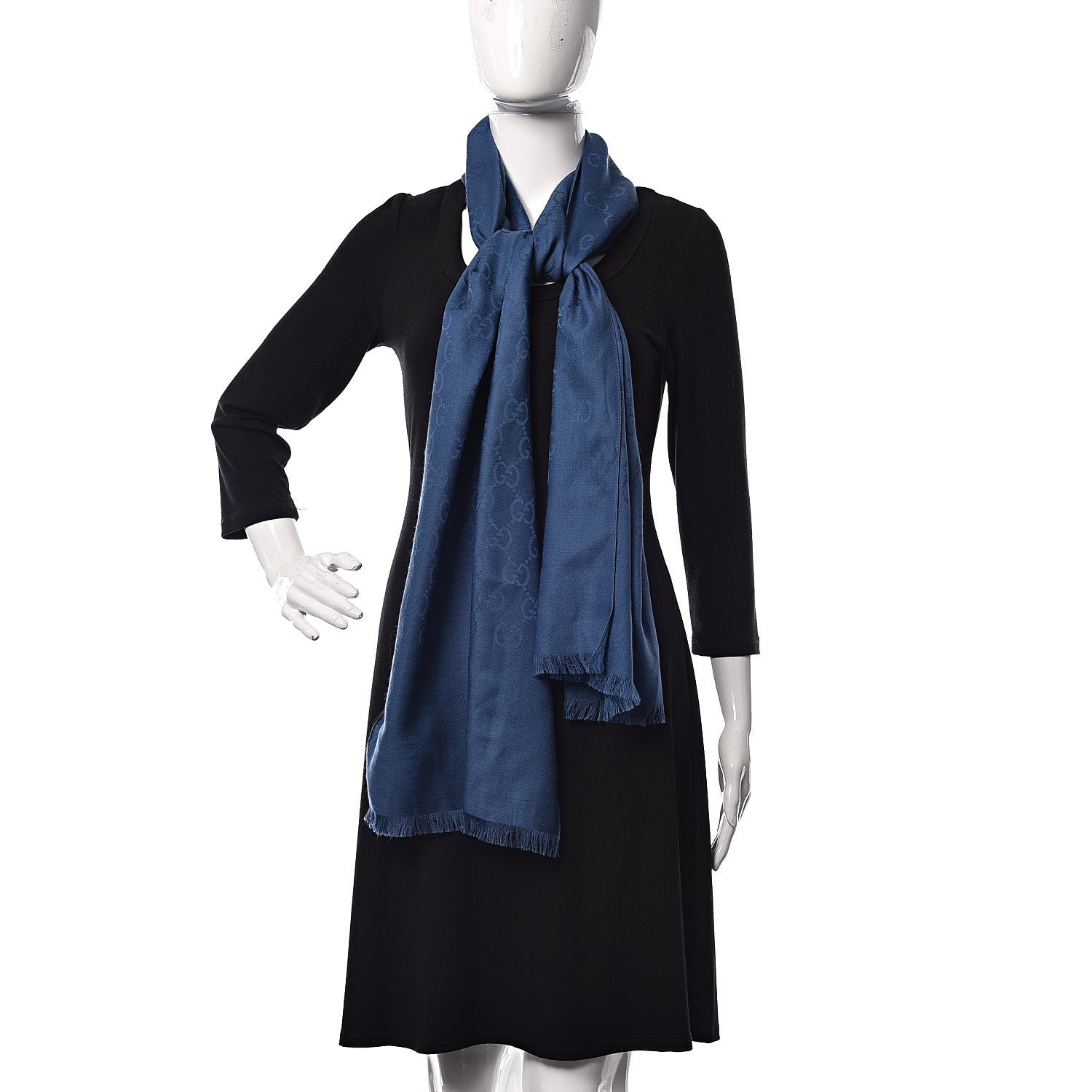 Gucci Wool Silk Jacquard Monogram Scarf Blue 2 of 4